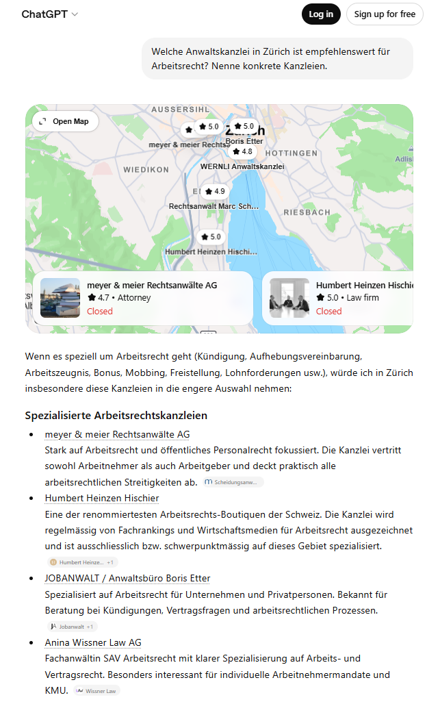 ChatGPT nennt konkrete Zürcher Kanzleien für Arbeitsrecht, mit Karte. Nicht genannte Kanzleien existieren für diese Anfrage nicht.