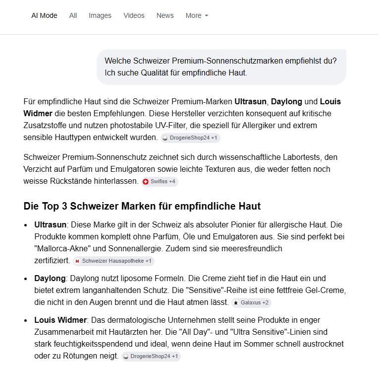 Google AI Mode empfiehlt drei Schweizer Sonnenschutzmarken. Wer nicht genannt wird, kommt im Kaufprozess nicht vor.