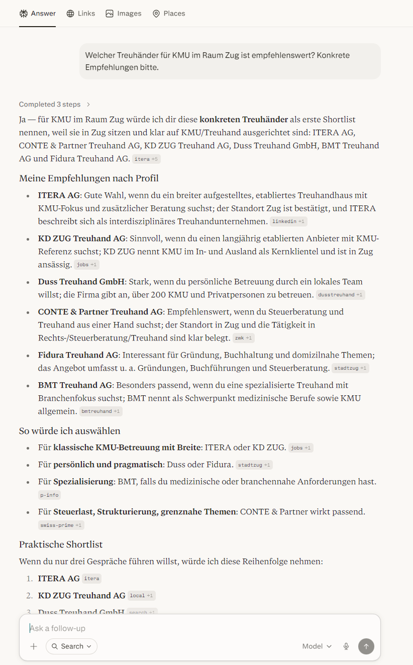 Perplexity erstellt eine konkrete Shortlist von Treuhändern im Raum Zug, mit Quellen. Die Auswahl trifft das System.